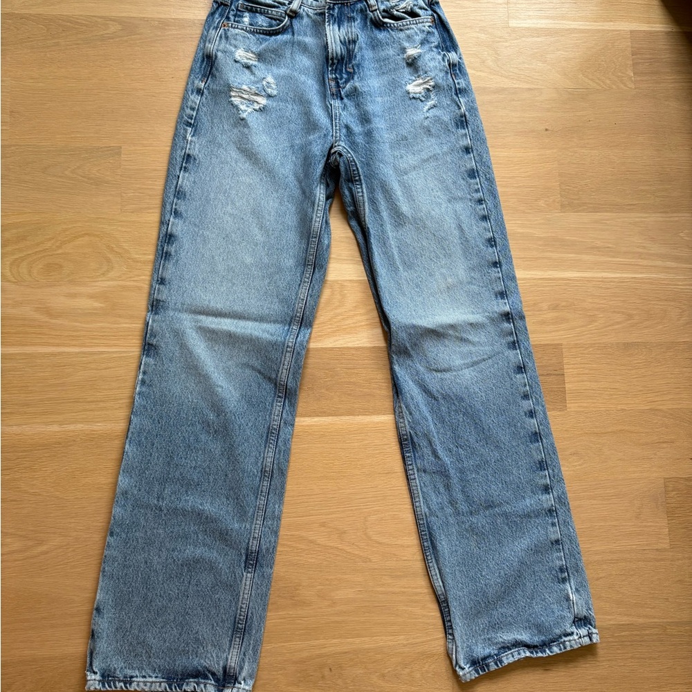 Zara Light Blue Distressed Straight Leg Jeans